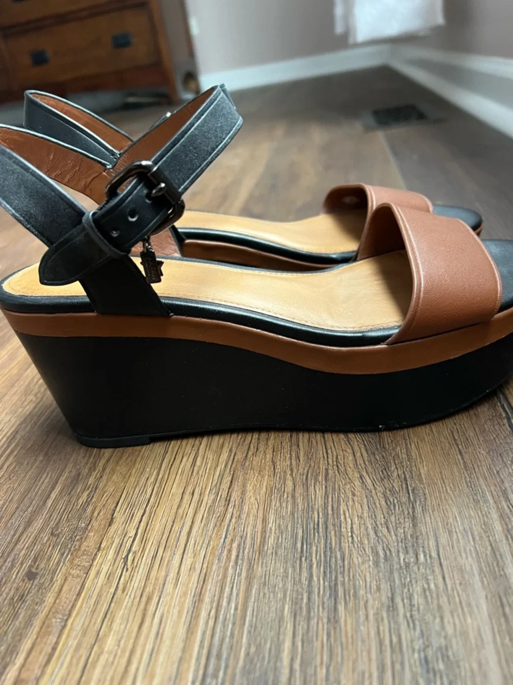 Coach Black & Brown Leather Ankle-Strap Sandals